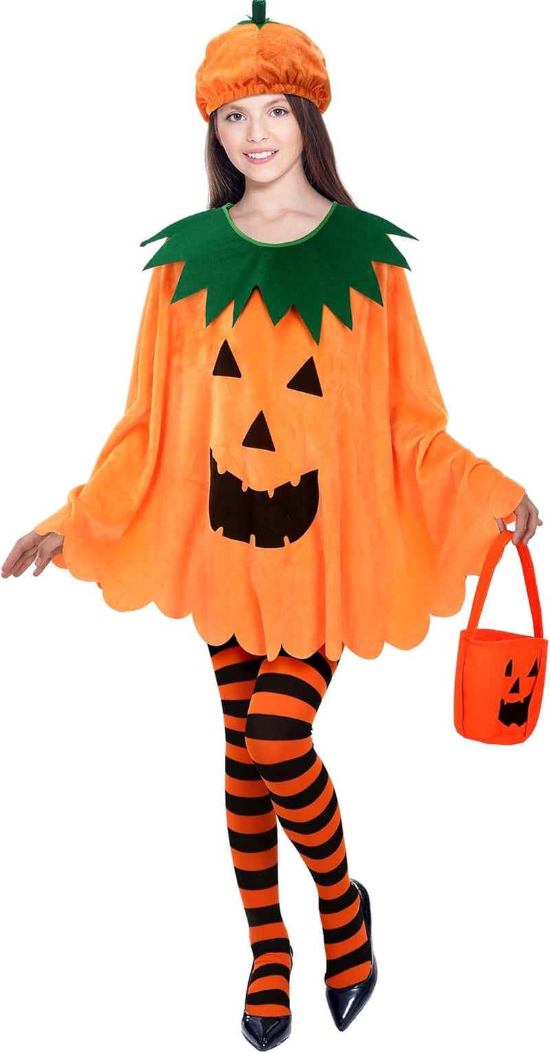 4 Pcs Halloween Adult Pumpkin Costume Set Pumpkin Cloak Poncho with Candy Bag Funny Hat Striped Tights for Women Party Cosplay Clothes Multicolor