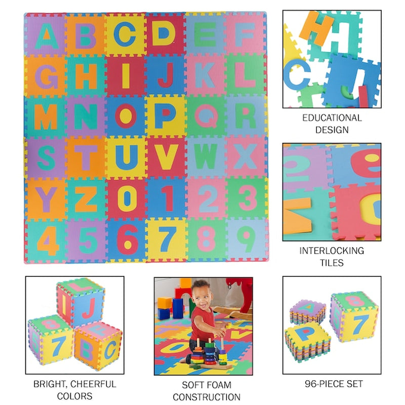 96-Piece Alphabet Foam Puzzle- Pop-Out Letters and Numbers- Floor Playmat for Kids, Toddlers and Infants Home