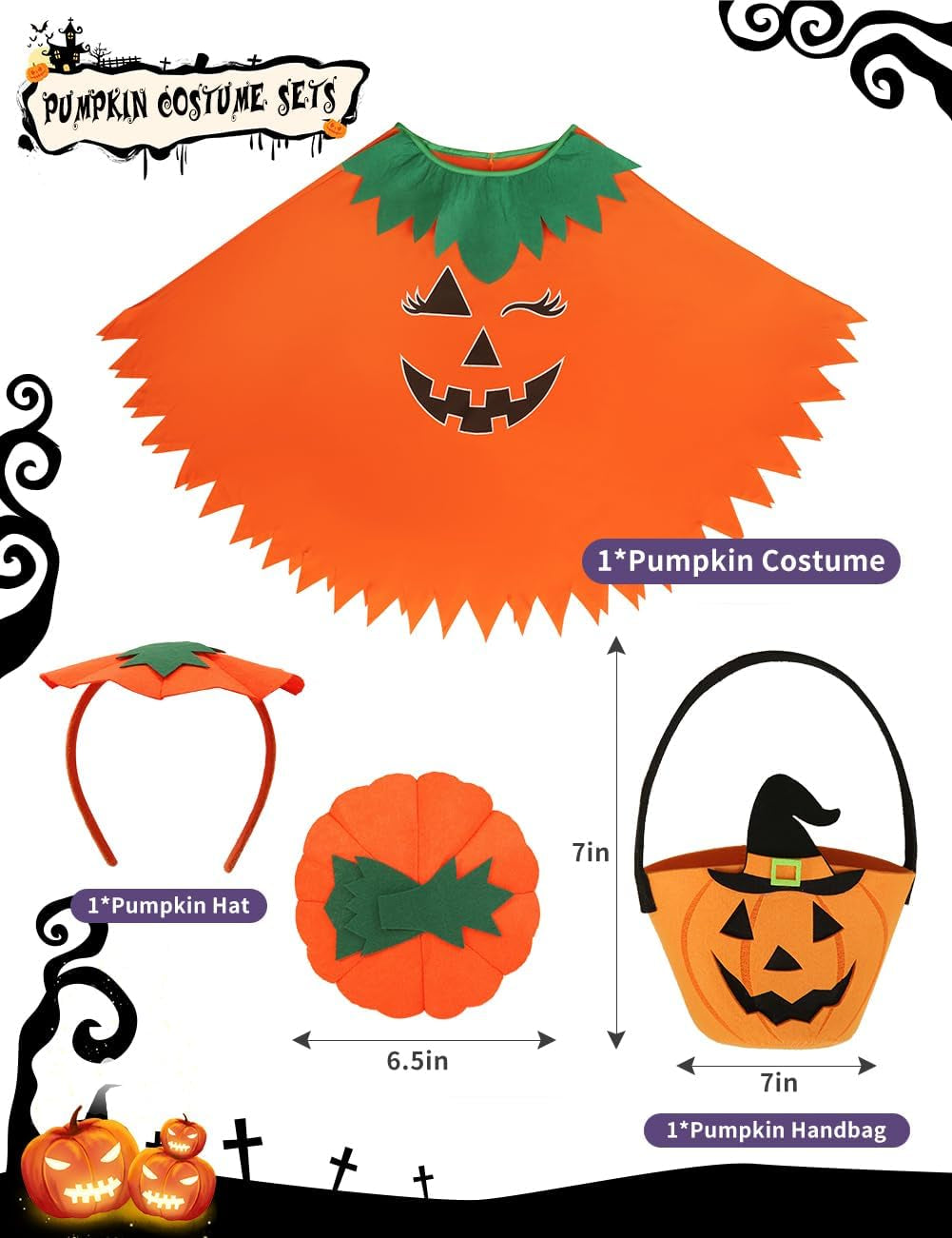 Halloween Pumpkin Costume for Women Kids,Glow in the Dark Adult Halloween Costume with Poncho,Headband & Bag