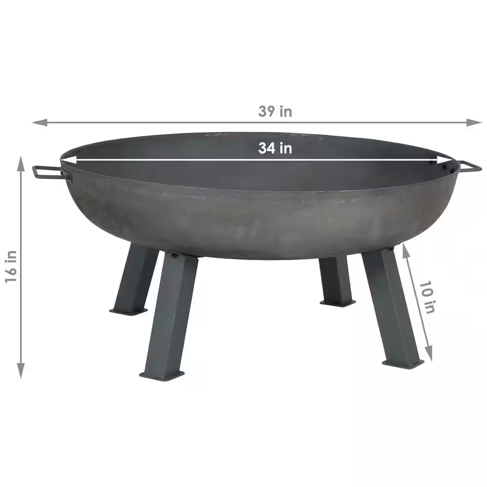 34 In. X 15 In. round Cast Iron Wood Burning Fire Pit Bowl in Steel