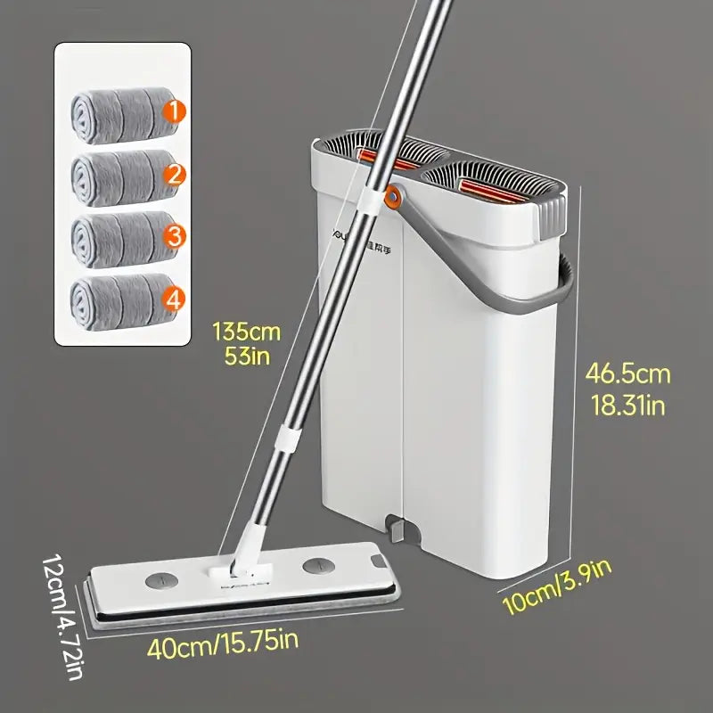 12.99″ Microfiber Flat Mop & Bucket Set — Wet/Dry Floor Cleaning System with Long Handle, Wringer Bucket & Reusable Microfiber Cloths (Hardwood, Tile, Bathroom, Bedroom, Living Room)