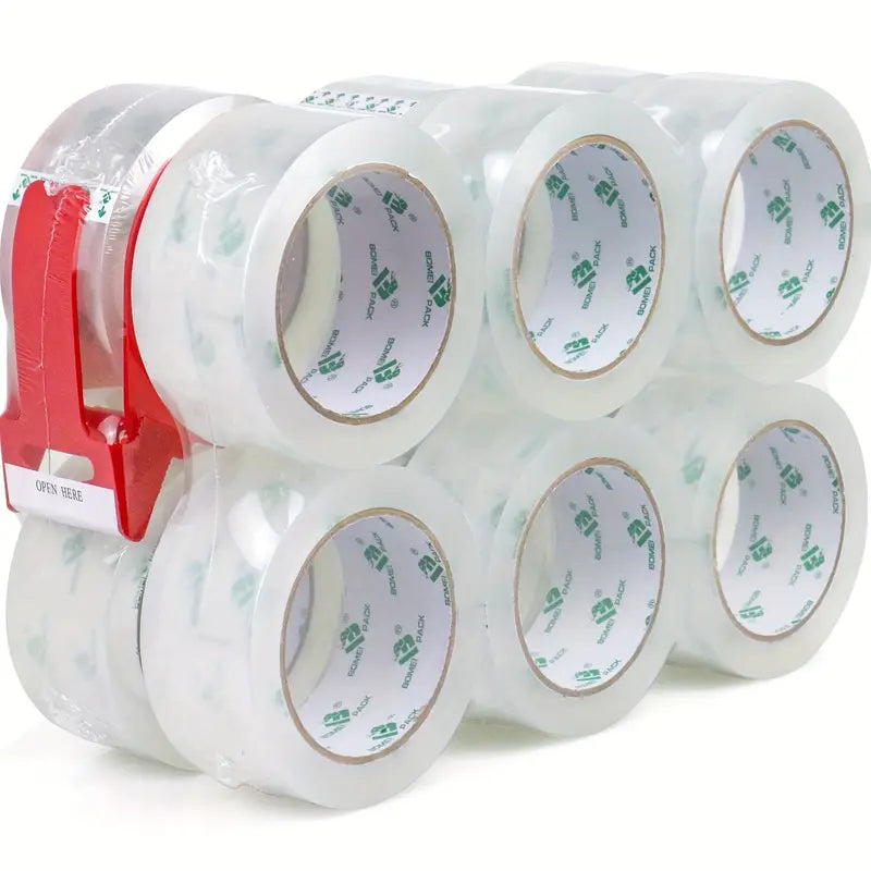 BOMEI PACK Clear Box Sealing Tape – 12 Rolls (48 mm × 60 yd) with Heavy-Duty Dispenser — Clear Packaging & Shipping Tape for Offices, Schools, Homes & Factories