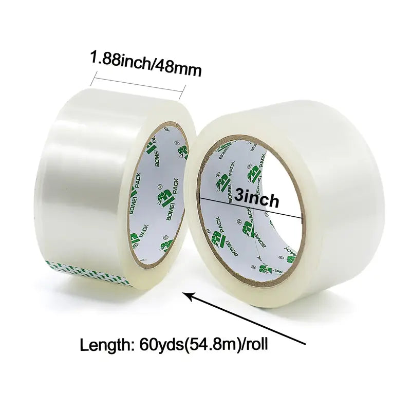 BOMEI PACK Clear Box Sealing Tape – 12 Rolls (48 mm × 60 yd) with Heavy-Duty Dispenser — Clear Packaging & Shipping Tape for Offices, Schools, Homes & Factories