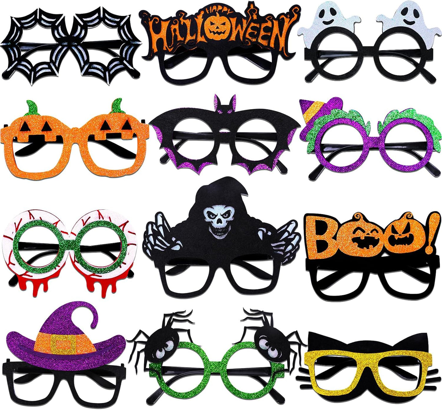 Halloween Eyeglasses 12 Pcs Novelty Toy Glasses Cosplay Halloween Party Favor Funny Glitter Funny Party Decorations for Kids and Adults Glasses Pumpkin Spider Web Ghost Bat Hat Skull Eyeball Eyewear