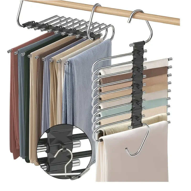 Collapsible 9-Layer Pants Hanger – Space-Saving Stainless Steel Multifunctional Closet Organizer, Non-Slip Metal Hangers for Pants, Jeans, Skirts & Trousers