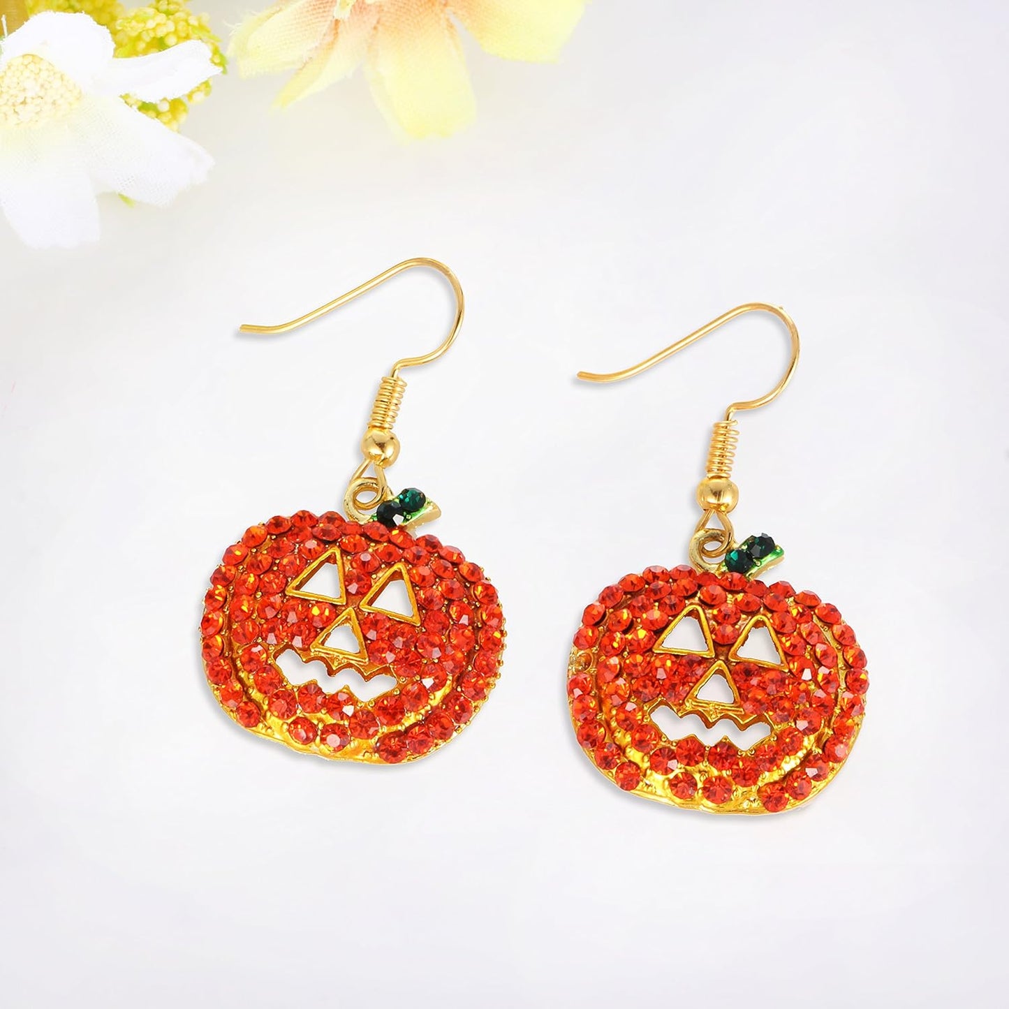 Halloween Pumpkin Earrings Red - Hypoallergenic Crystal Dangle Earring for Women Holiday Night Costume Jewelry Smiling Face Pumpkin Drop Earrings, Fun and Festive