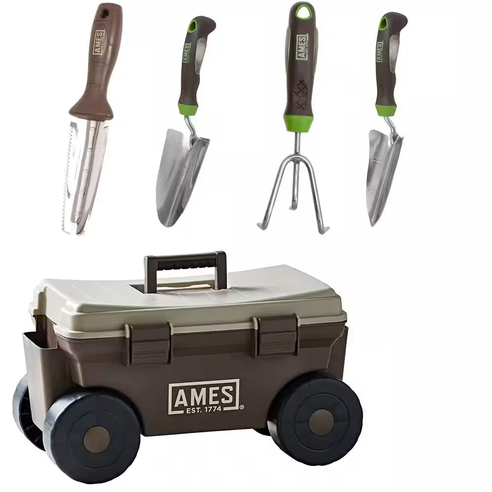 5-Piece Digging, Transferring, and Cultivating Garden Tool Set with Rolling Cart
