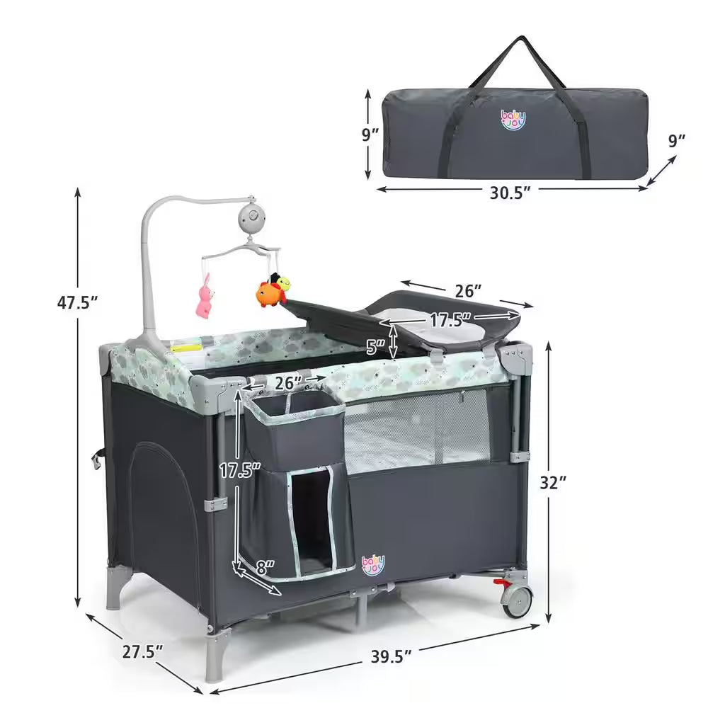 5-In-1 Gray Portable Baby beside Sleeper Bassinet Crib Playard with Diaper Change