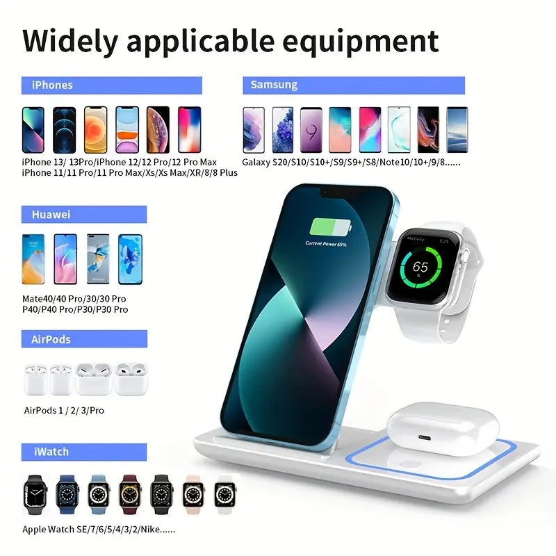 18W 3-in-1 Wireless Charging Station for iPhone 16/15/14/13/12, Apple Watch & AirPods, Fast Charger for Samsung Galaxy S23/S22/S21 – Pink