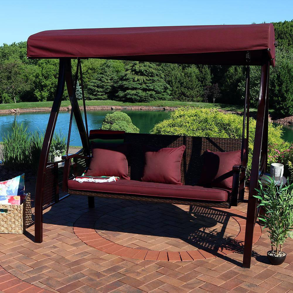 Deluxe Steel Frame Porch Swing with Maroon Cushion, Canopy and Side Tables