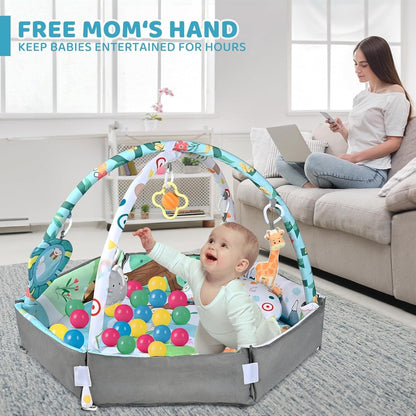 Baby Gym Play Mat, 8-In-1 Tummy Time Mat & Ball Pit with 6 Toys, Washable Baby