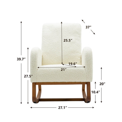 Nursery Rocking Chair, Upholstered Accent Armchair, Wooden Padded Seat with Side Pocket, Nursing Chair with Rubber Wood Legs, Glider Chair for Living Room Bedroom Nursery, White Teddy