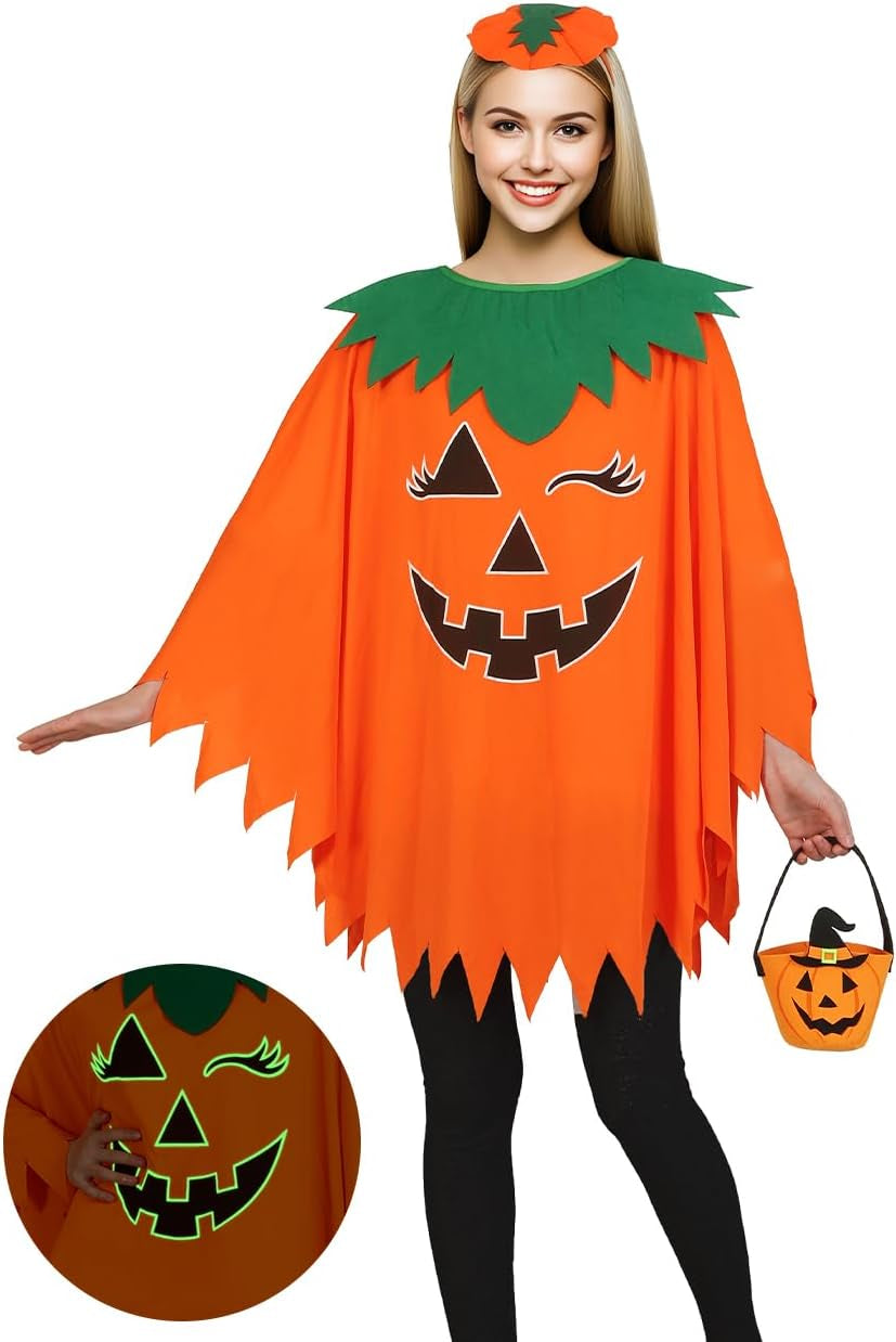 Halloween Pumpkin Costume for Women Kids,Glow in the Dark Adult Halloween Costume with Poncho,Headband & Bag