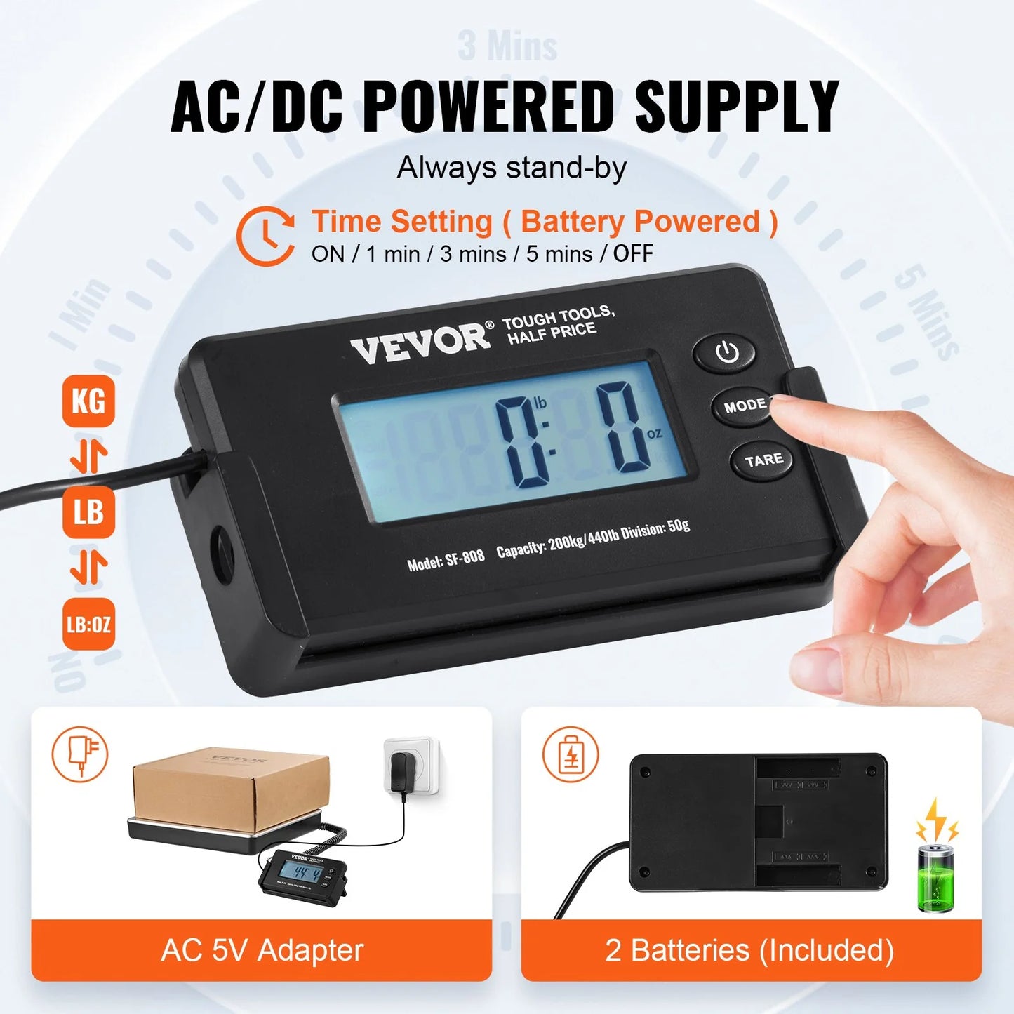 VEVOR Digital Shipping Scale, 440 Lbs X 1.7 Oz. Heavy Duty Postal Scale with Timer, Tare Function, HD LCD Screen Portable Package Scale for Luggage, Home, Post Office, AC/DC Powered, FCC Listed