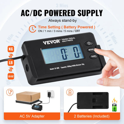 VEVOR Digital Shipping Scale, 440 Lbs X 1.7 Oz. Heavy Duty Postal Scale with Timer, Tare Function, HD LCD Screen Portable Package Scale for Luggage, Home, Post Office, AC/DC Powered, FCC Listed