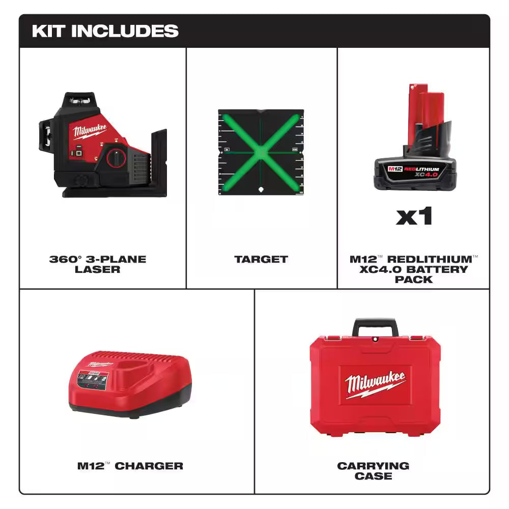 M12 12-Volt Lithium-Ion Cordless Green 250 Ft. 3-Plane Laser Level Kit with Laser Detector