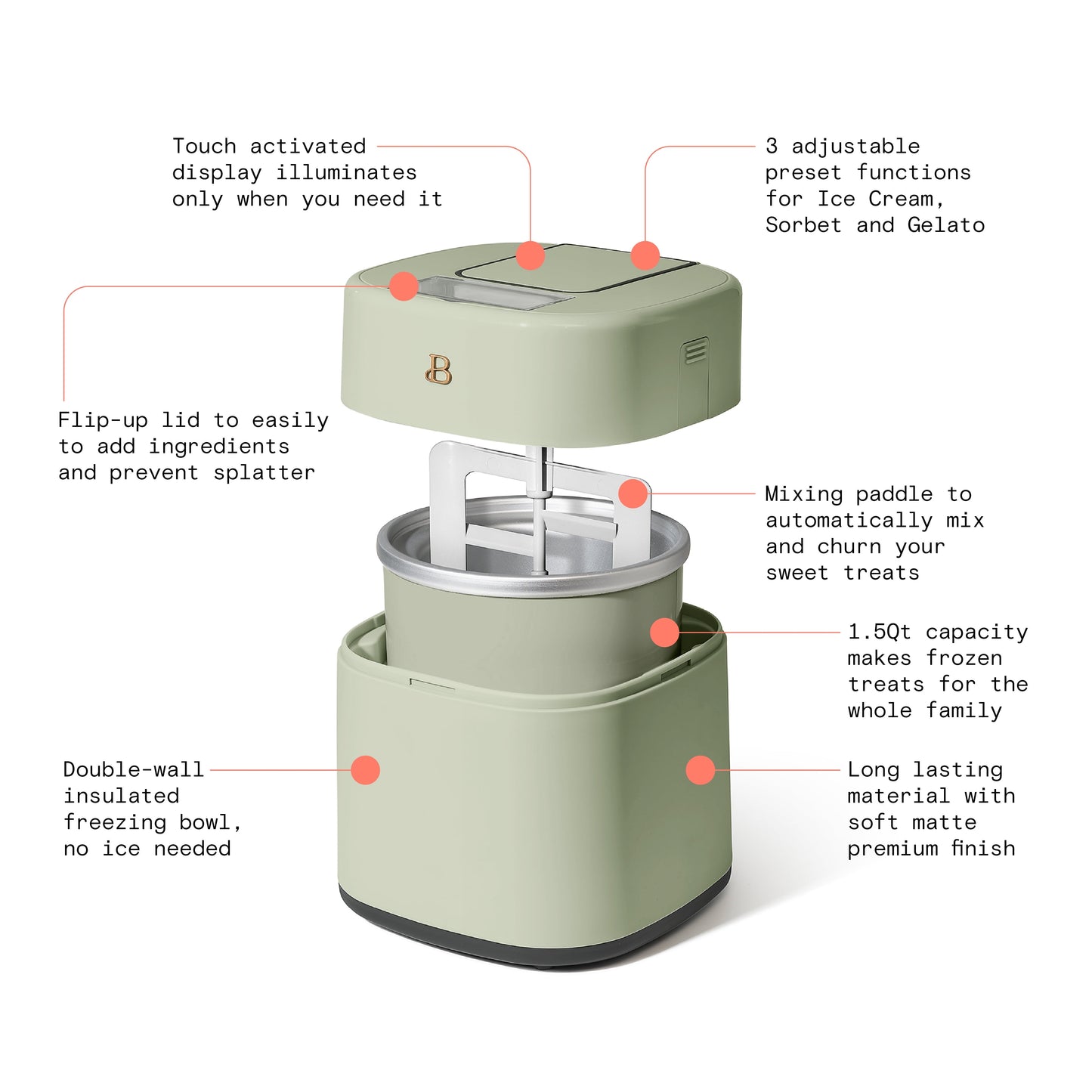 1.5 Qt Ice Cream Maker with Touch Activated Display, Sage Green by Drew Barrymore