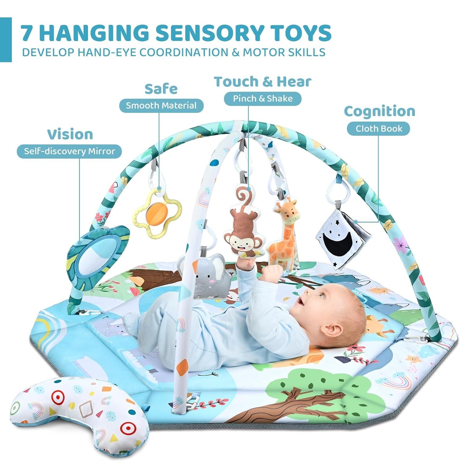 Baby Gym Play Mat, 8-In-1 Tummy Time Mat & Ball Pit with 6 Toys, Washable Baby