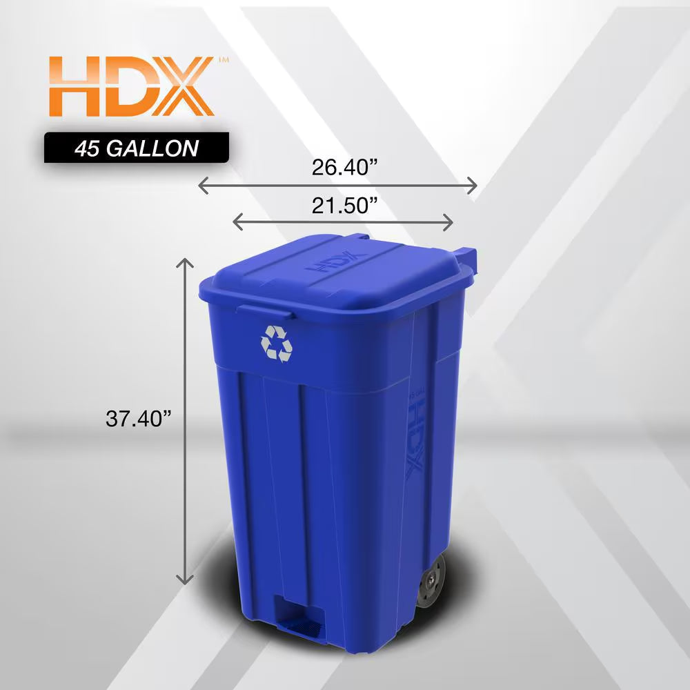 45 Gal. Blue Outdoor Vented Recycling Trash Can with Wheels, Attached Lid, Rounded Handles, and Reinforced Foothold