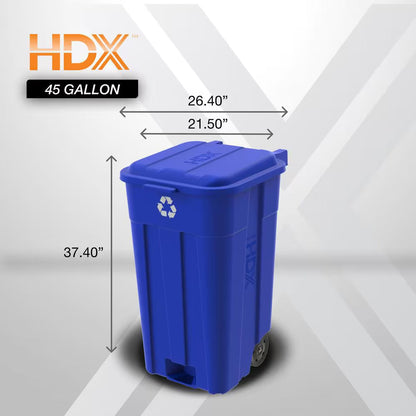 45 Gal. Blue Outdoor Vented Recycling Trash Can with Wheels, Attached Lid, Rounded Handles, and Reinforced Foothold