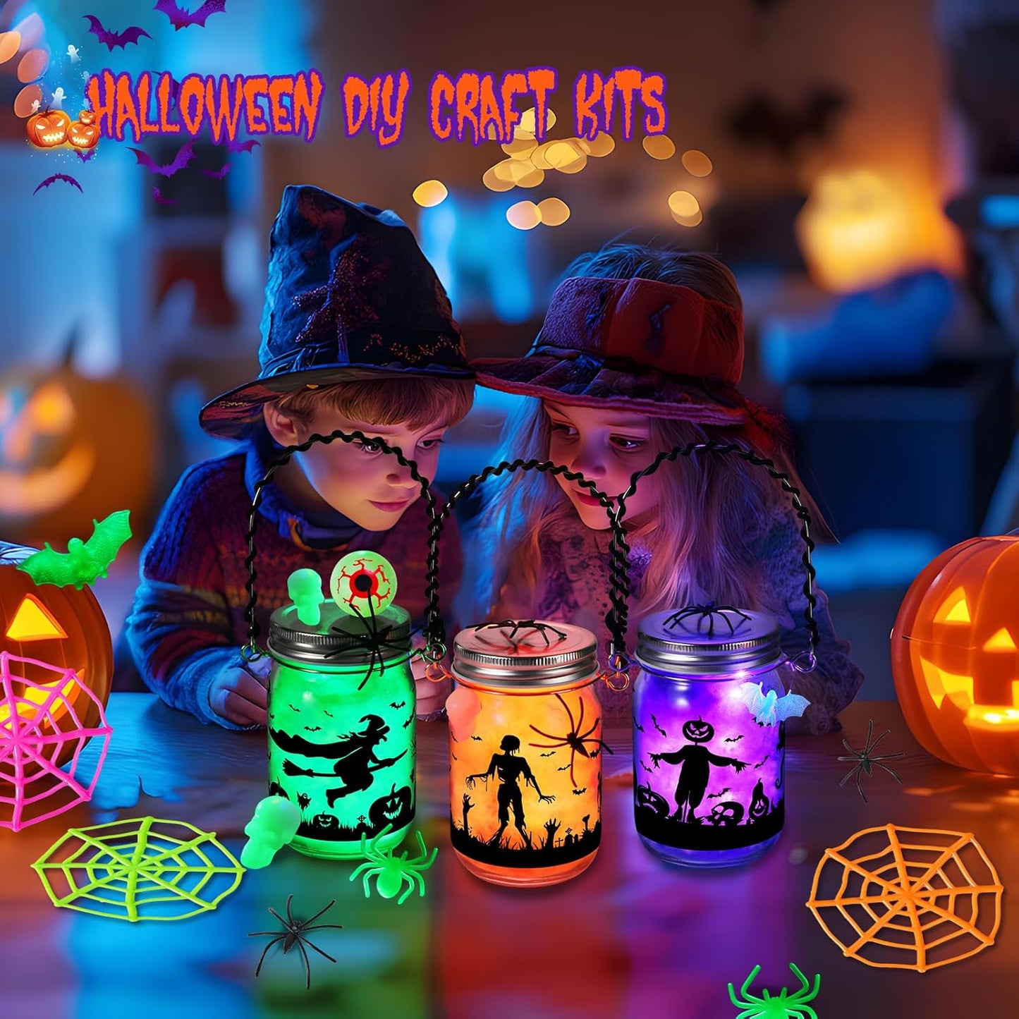 Halloween Crafts for Kids, 3 Pack Glass Mason Jar with Accessories, Halloween Toys Party Favor Garden Creative Activities Decoration Art Project