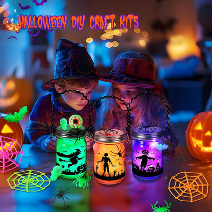 Halloween Crafts for Kids, 3 Pack Glass Mason Jar with Accessories, Halloween Toys Party Favor Garden Creative Activities Decoration Art Project