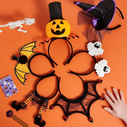 6 Pcs Halloween Headbands Pumpkin, Bat, Witch, Ghost, Witch Legs, Spider Web for Halloween Party, Costume, Trick or Treating, Cosplay Decoration (One Size Fit All)
