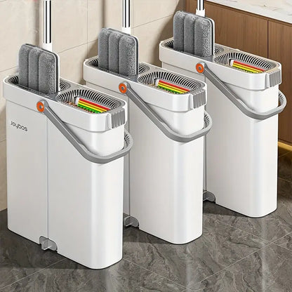 12.99″ Microfiber Flat Mop & Bucket Set — Wet/Dry Floor Cleaning System with Long Handle, Wringer Bucket & Reusable Microfiber Cloths (Hardwood, Tile, Bathroom, Bedroom, Living Room)