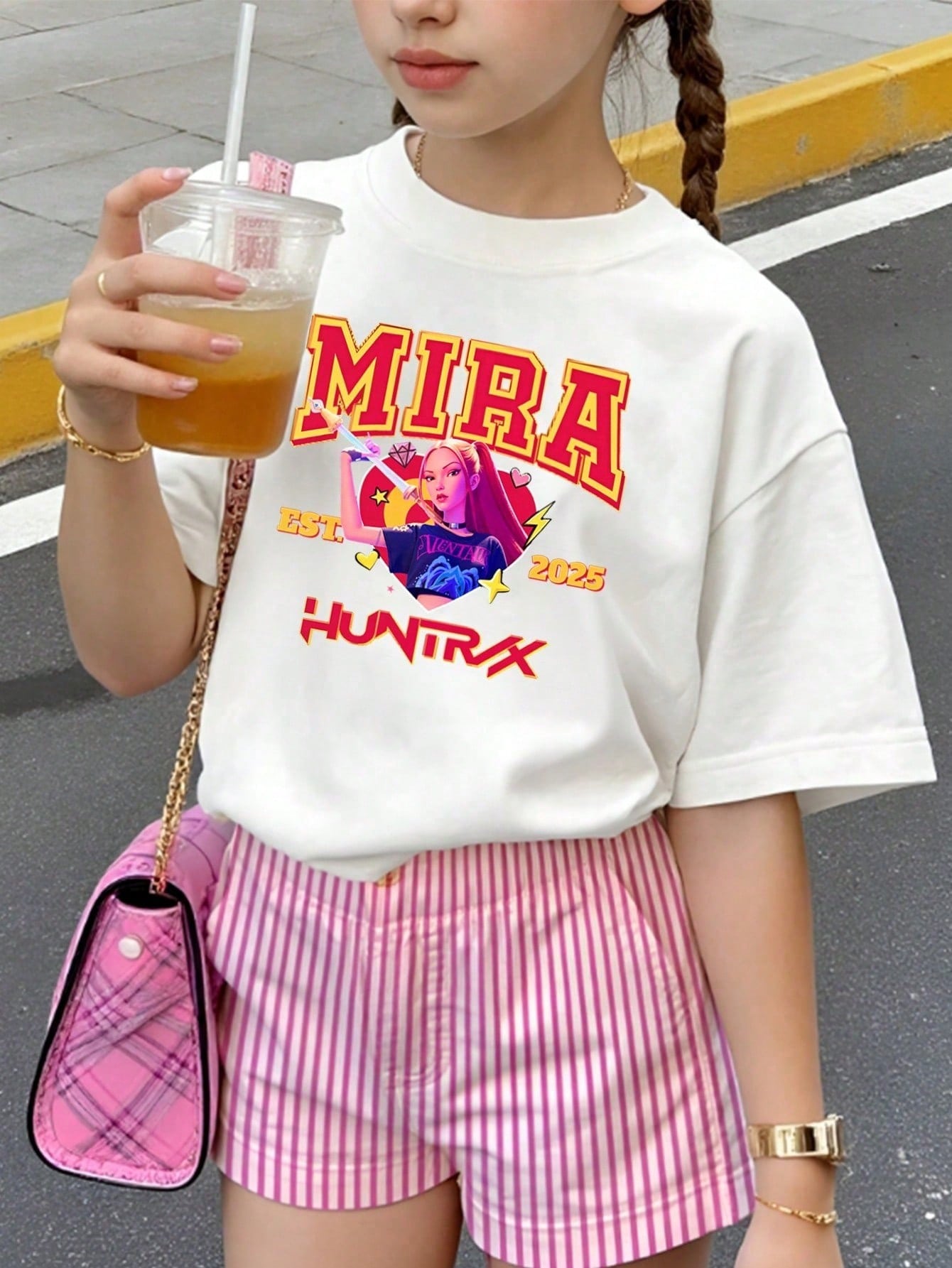 Girls’ K-pop Theme Mira T-Shirt – Summer Graphic Tee with Bold Text & Character Print