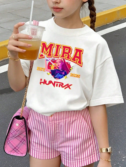 Girls’ K-pop Theme Mira T-Shirt – Summer Graphic Tee with Bold Text & Character Print