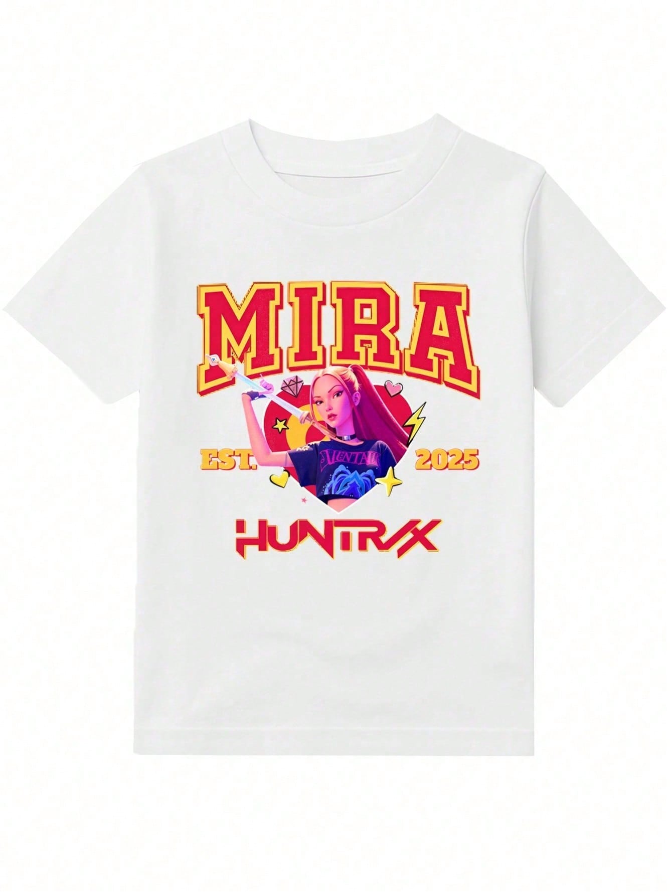 Girls’ K-pop Theme Mira T-Shirt – Summer Graphic Tee with Bold Text & Character Print
