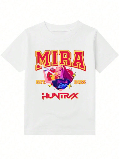 Girls’ K-pop Theme Mira T-Shirt – Summer Graphic Tee with Bold Text & Character Print