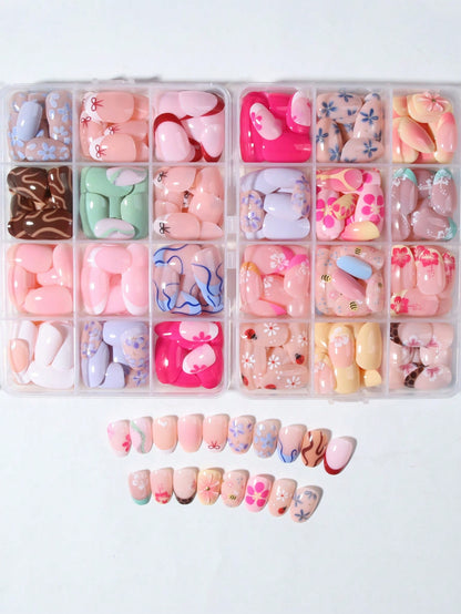 💅 576-Piece Floral French Manicure Nail Stickers – Short Oval Full Cover False Nails