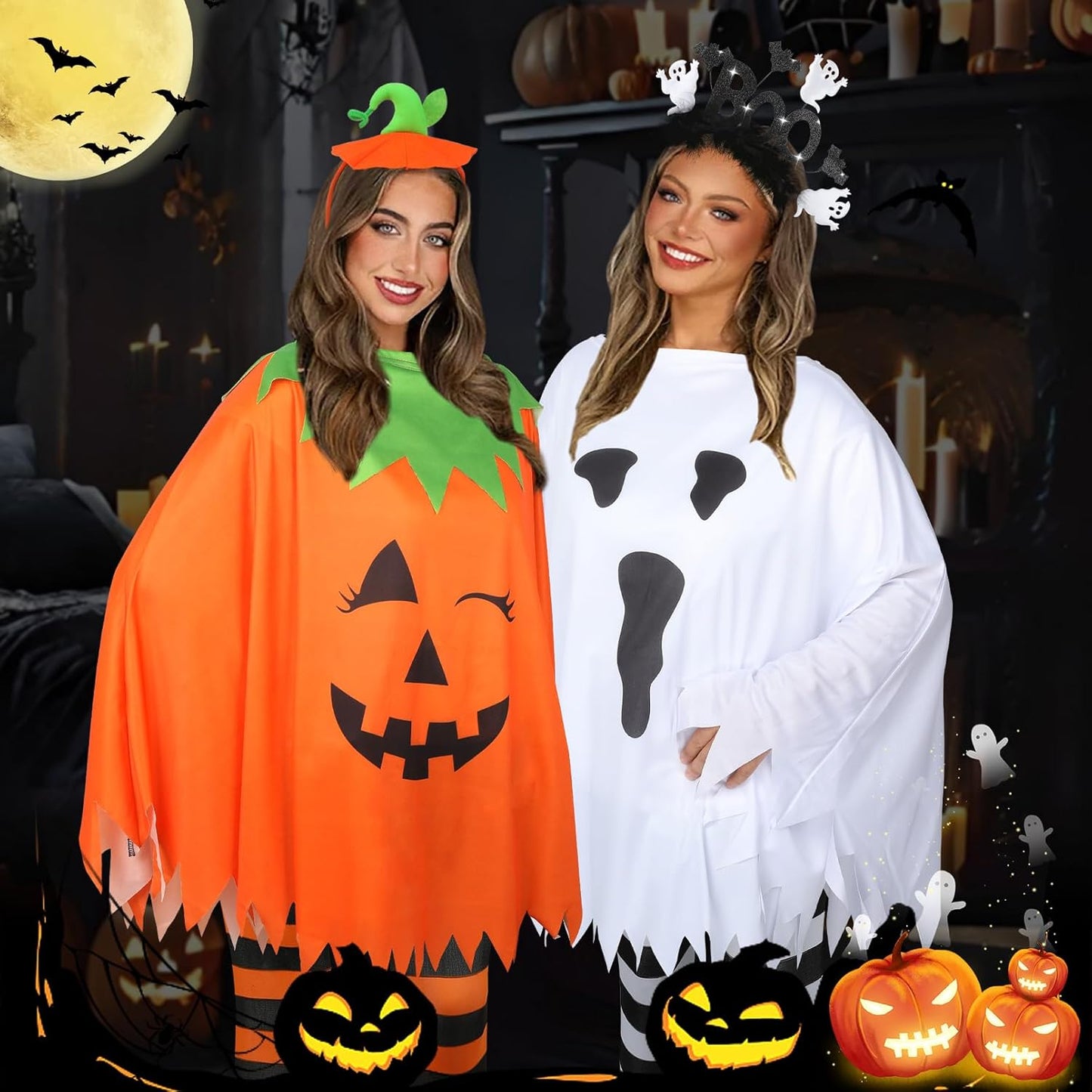 4 PCS Halloween Costume Set for Women Adult Ghost Costume, Ghost Costume Poncho, Candy Bag, Ghost Headband and Nylon Striped Tights for Halloween Cosplay Party