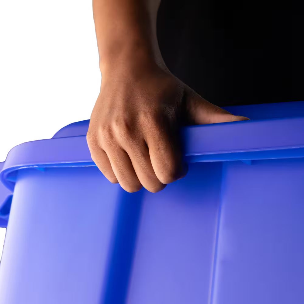 45 Gal. Blue Outdoor Vented Recycling Trash Can with Wheels, Attached Lid, Rounded Handles, and Reinforced Foothold