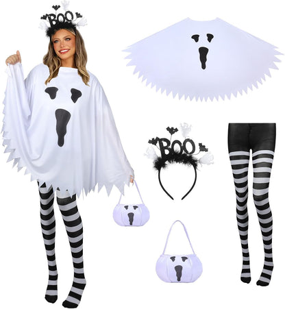 4 PCS Halloween Costume Set for Women Adult Ghost Costume, Ghost Costume Poncho, Candy Bag, Ghost Headband and Nylon Striped Tights for Halloween Cosplay Party