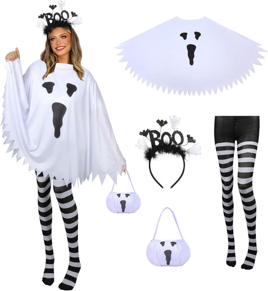 4 PCS Halloween Costume Set for Women Adult Ghost Costume, Ghost Costume Poncho, Candy Bag, Ghost Headband and Nylon Striped Tights for Halloween Cosplay Party
