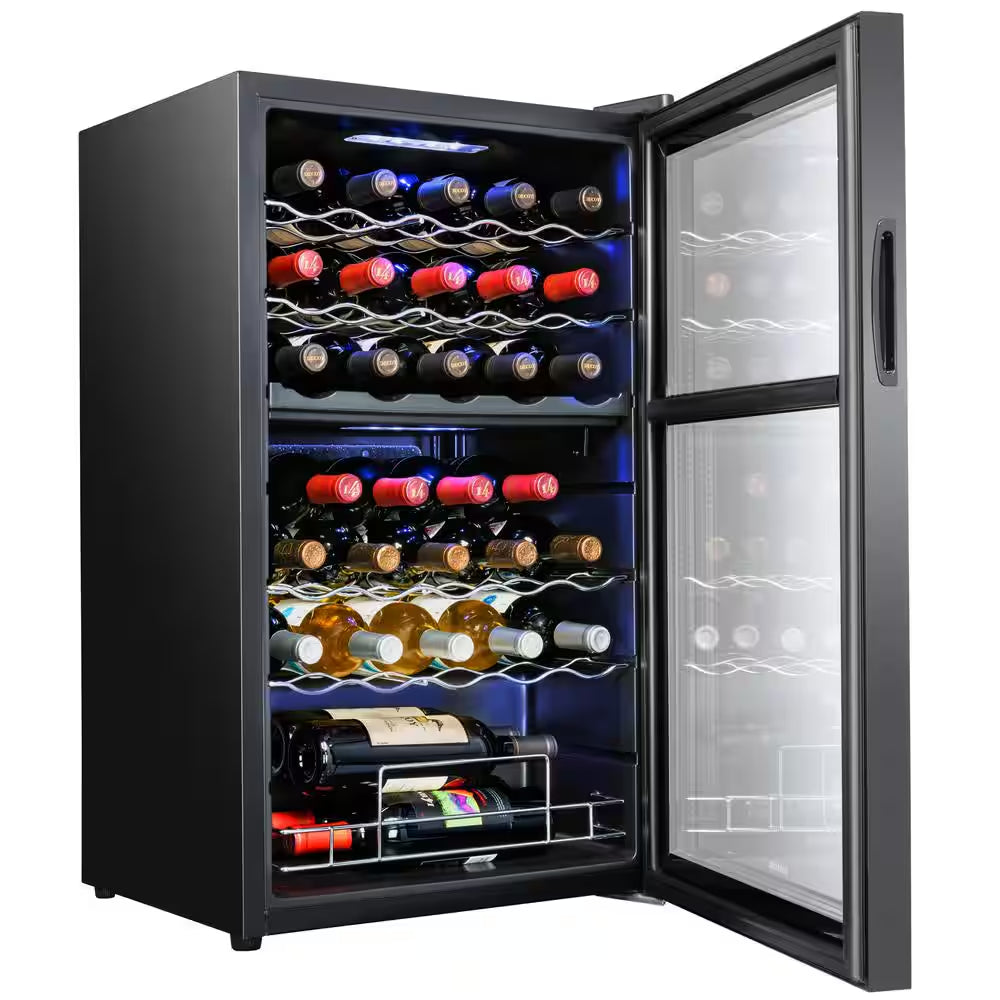 Dual Zone 33-Bottle Freestanding Wine Cooler Refrigerator with Lock in Black