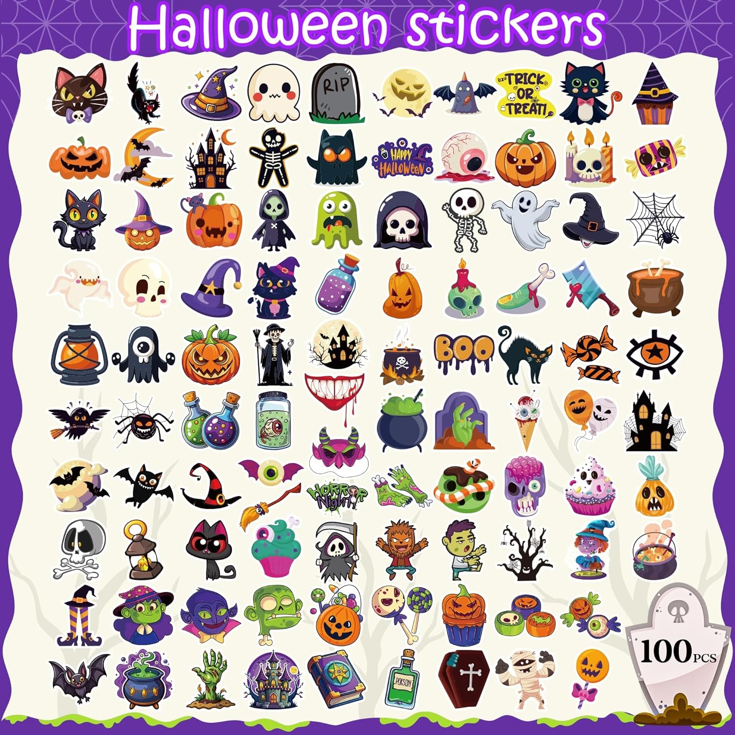 Halloween Party Favors - 100 PCS Pumpkin Bat Spider Stickers,Kids Halloween Games Treats Crafts Gifts Party Supplies Decorations