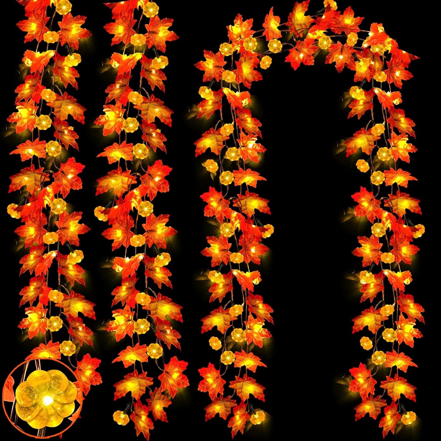 3 Pack&Timer-Fall Garland with Pumpkin Lights Halloween Fall Decorations for Home,30Ft 60LED Halloween Lights Patented Enlarged Maples Leaf Battery Operated Thanksgiving Decor Indoor Outdoor Christmas