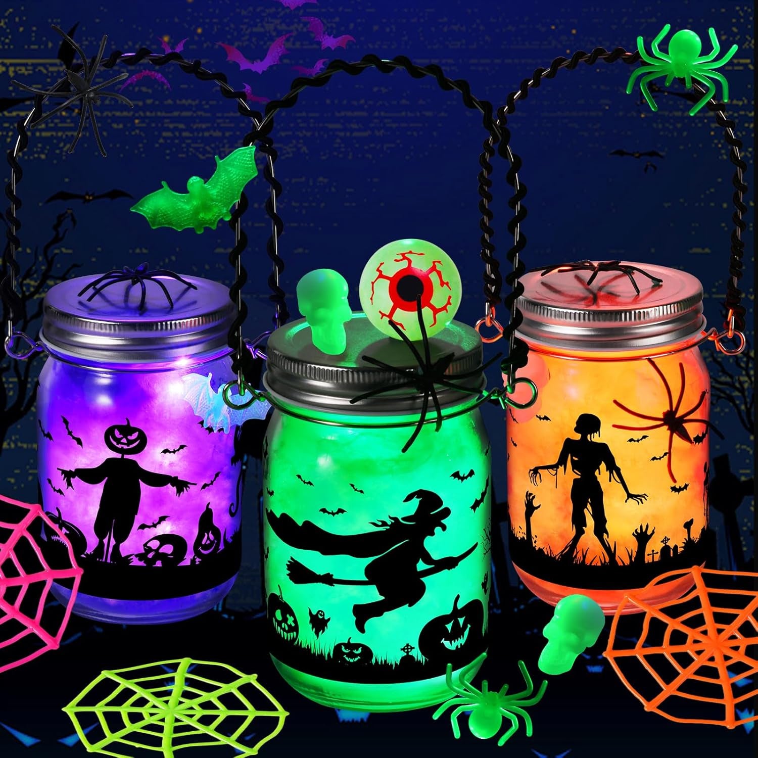 Halloween Crafts for Kids, 3 Pack Glass Mason Jar with Accessories, Halloween Toys Party Favor Garden Creative Activities Decoration Art Project