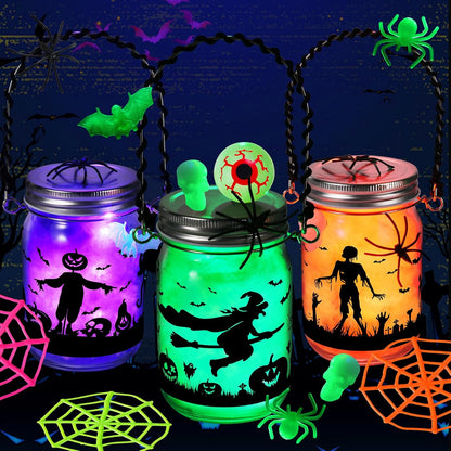 Halloween Crafts for Kids, 3 Pack Glass Mason Jar with Accessories, Halloween Toys Party Favor Garden Creative Activities Decoration Art Project
