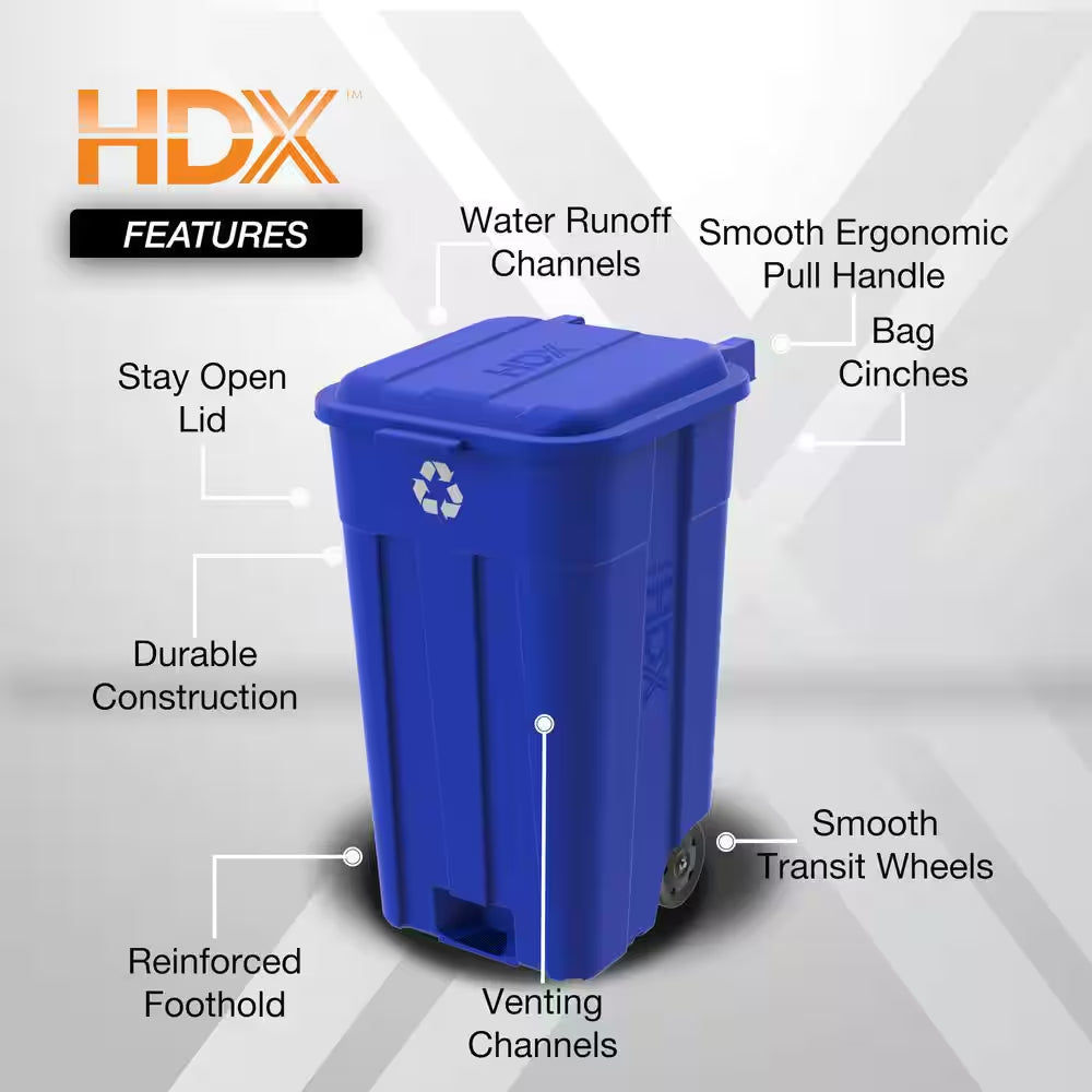 45 Gal. Blue Outdoor Vented Recycling Trash Can with Wheels, Attached Lid, Rounded Handles, and Reinforced Foothold