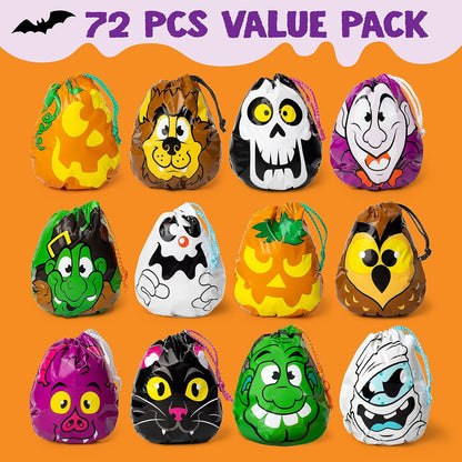 72PCS Halloween Drawstring Goody Bags, Halloween Treats Bags, Trick or Treat Bag, Goodie Candy Gift Bag Bulk for Kids Trick or Treating, Party Favors Supplies, 12 Designs Classroom Gifts Prizes