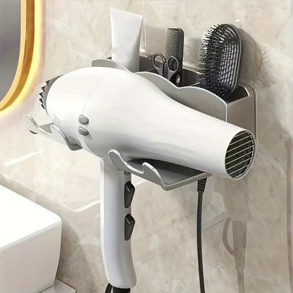 Wall-Mounted Hair Dryer Holder – No-Drill Bathroom Organizer Shelf with Multi-Compartment Storage Rack for Hair Tools & Accessories