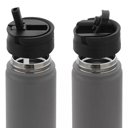 22 Oz. Black Vacuum Insulated Stainless Steel Water Bottle with Flip Lid and Sport Straw Lid