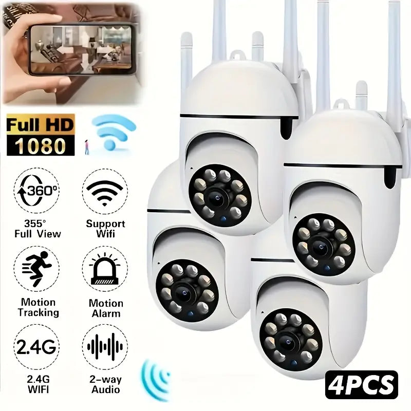 4-Pack Wi-Fi Security Camera System — 1080P Wireless Outdoor/Indoor PTZ Cameras with 360° Panoramic View, Smart PIR Motion, Color Night Vision & Two-Way Audio