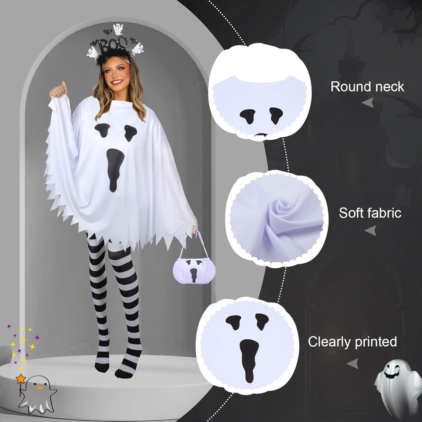 4 PCS Halloween Costume Set for Women Adult Ghost Costume, Ghost Costume Poncho, Candy Bag, Ghost Headband and Nylon Striped Tights for Halloween Cosplay Party