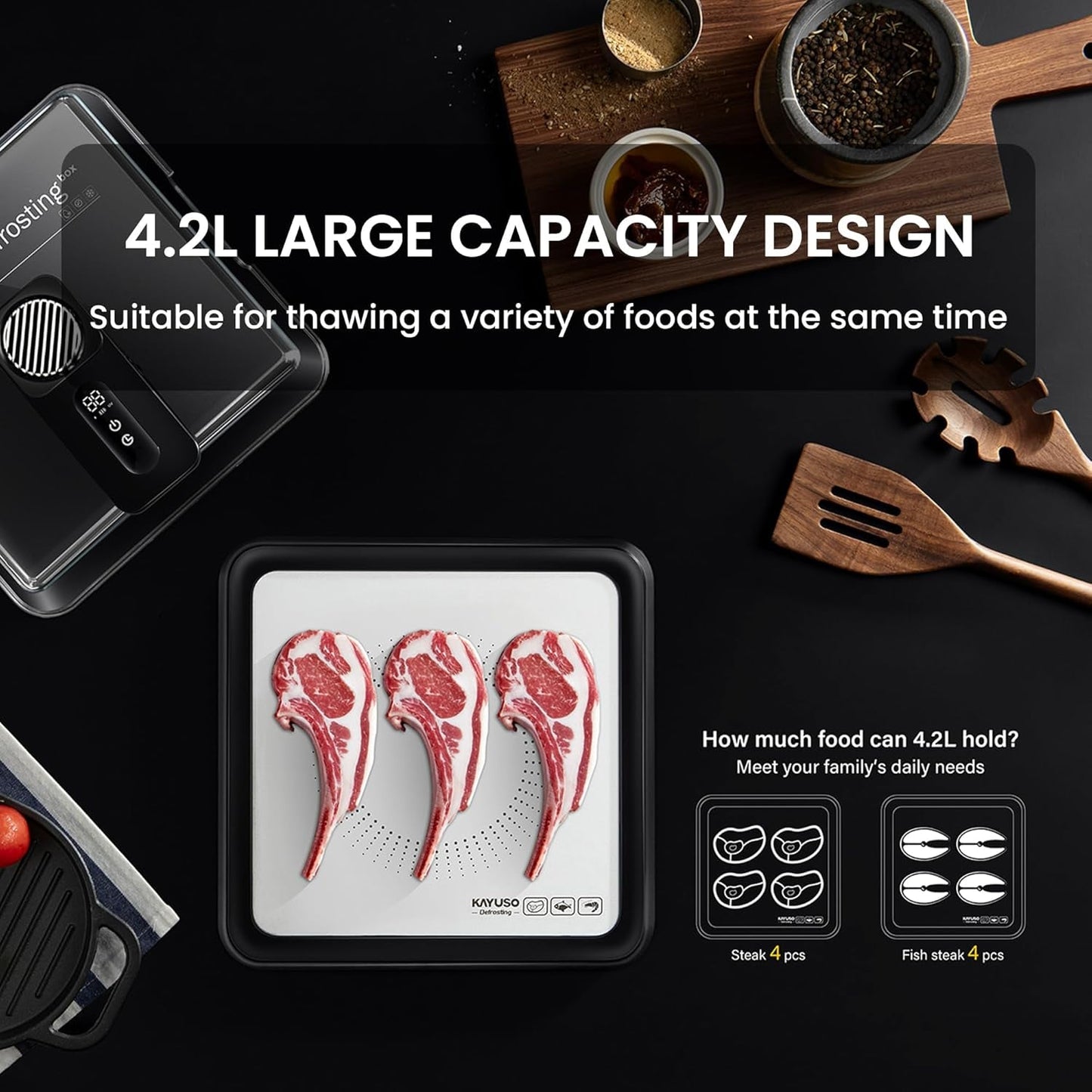 Quick Defrosting Tray for Frozen Meat - Rechargeable Meat Defrosting Tray with Lid, Timable Thawing Box for Frozen Food, Suitable for Frozen Steak, Chicken, Fish, Shrimp and Seafood (Black)
