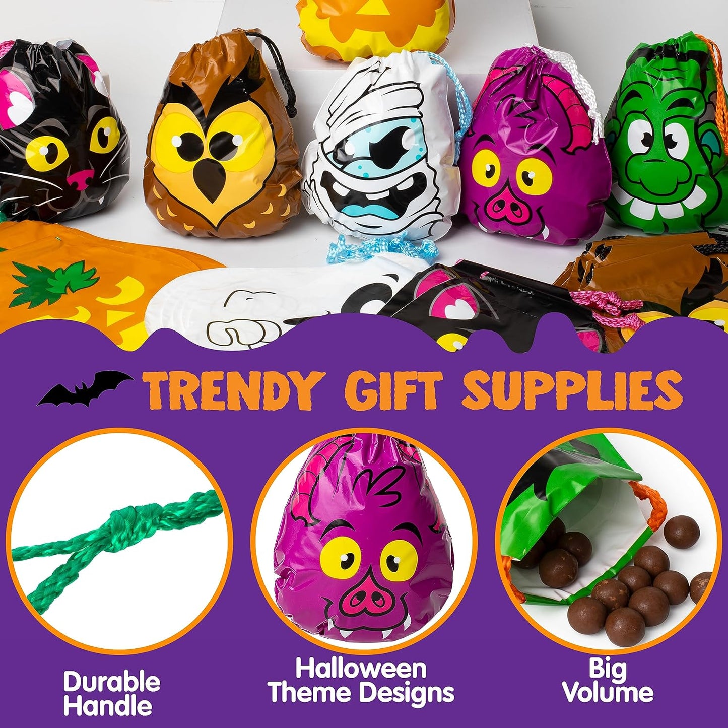 72PCS Halloween Drawstring Goody Bags, Halloween Treats Bags, Trick or Treat Bag, Goodie Candy Gift Bag Bulk for Kids Trick or Treating, Party Favors Supplies, 12 Designs Classroom Gifts Prizes